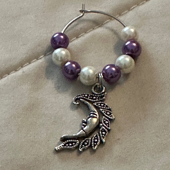 3/$15 Wine glass tag – stainless steel hoop, purple/white beads, crescent moon - Picture 10 of 11